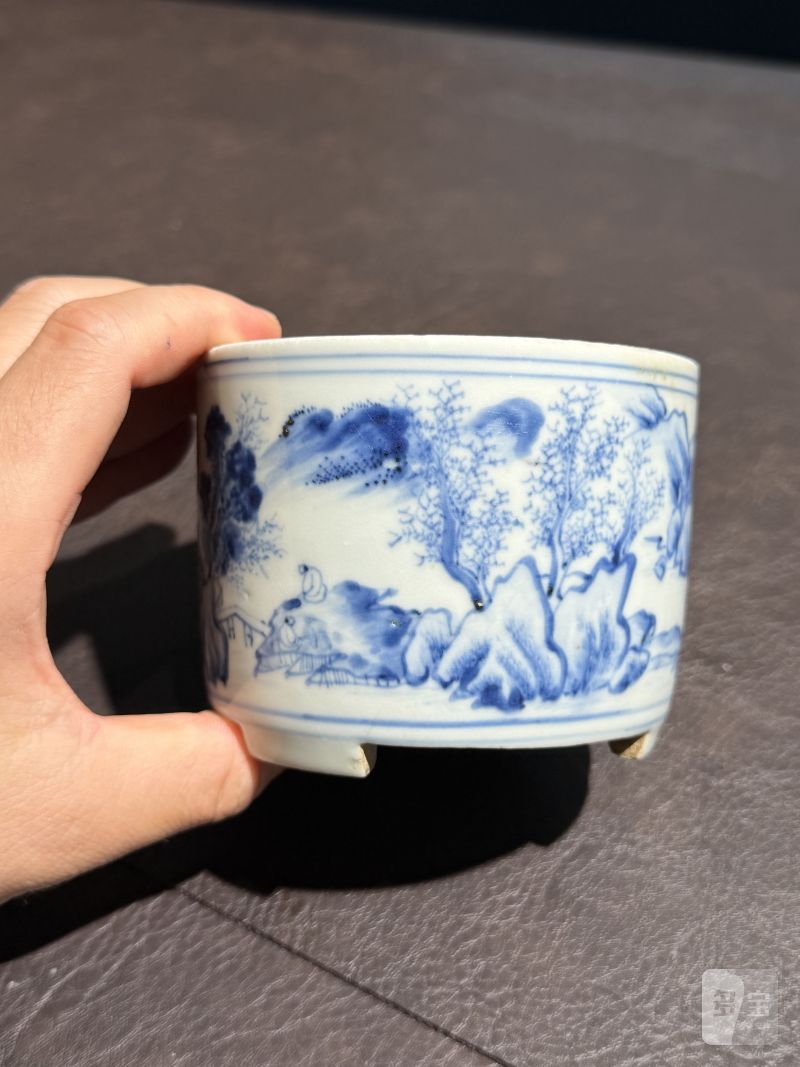 明崇祯 青花山水人物纹琴炉 - 图6